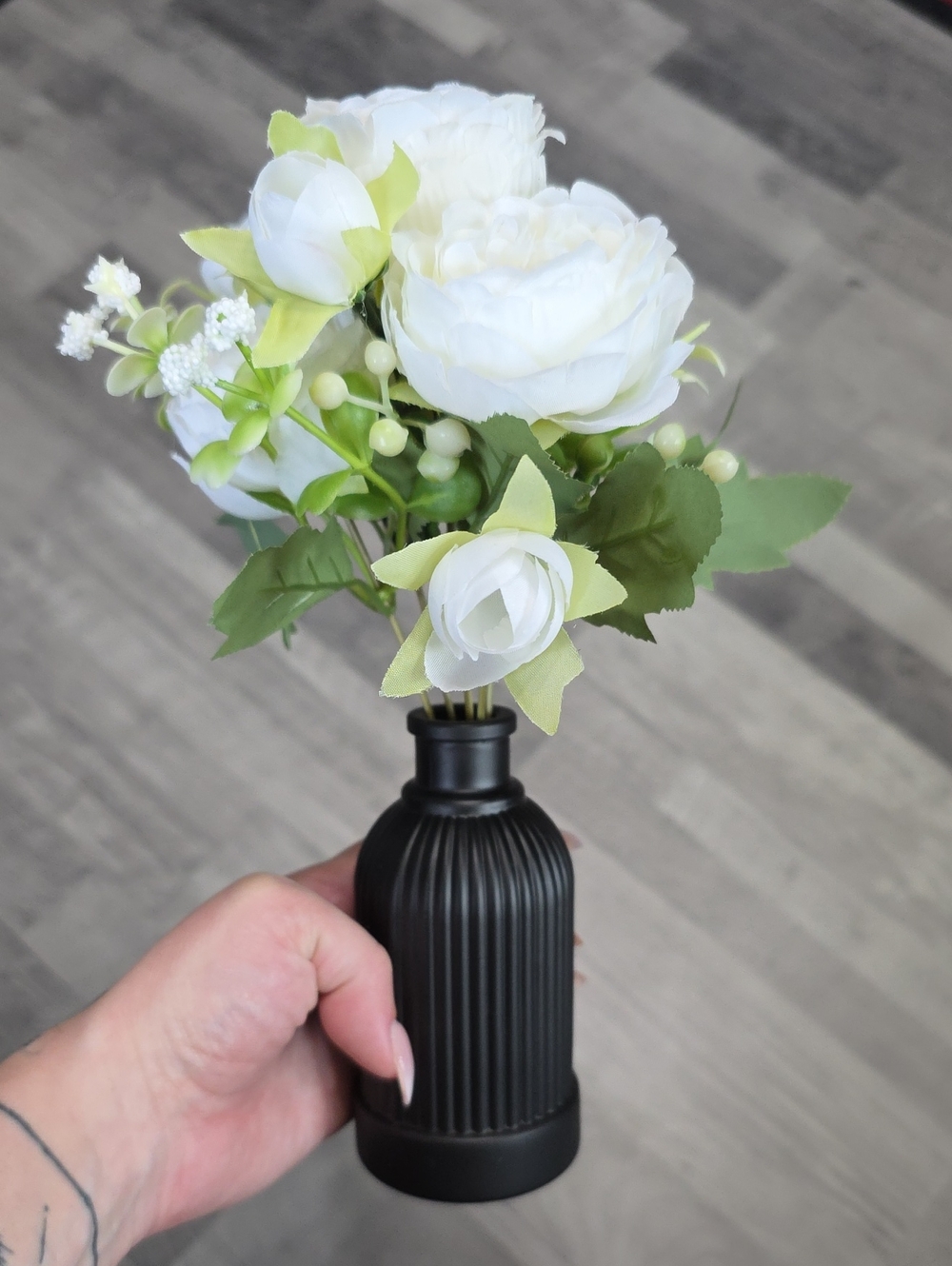 White Artificial Peony Bouquet in Black Ribbed Vase